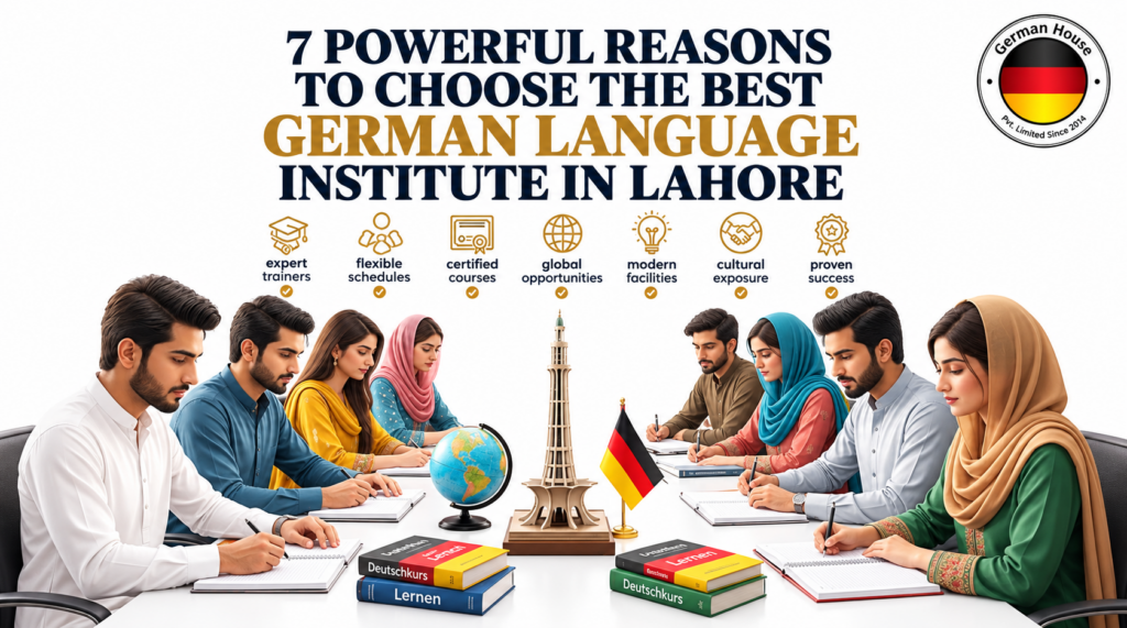 German language institute in Lahore featuring students learning German, certified courses, expert trainers, and global opportunities at German House.