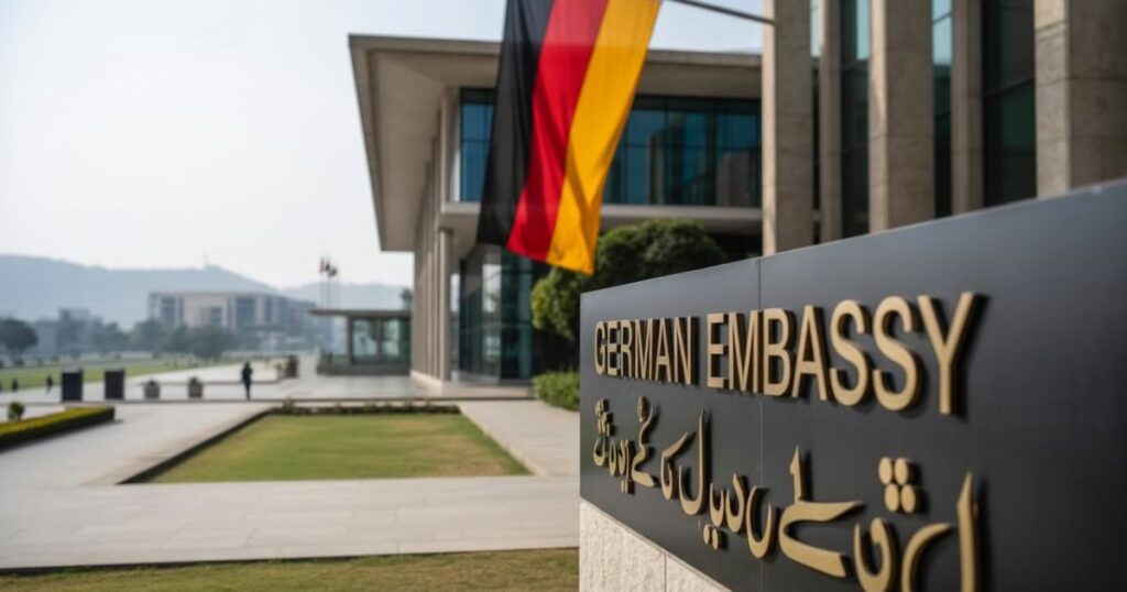 Counter staff assisting an applicant during a Germany visa appointment in Islamabad.