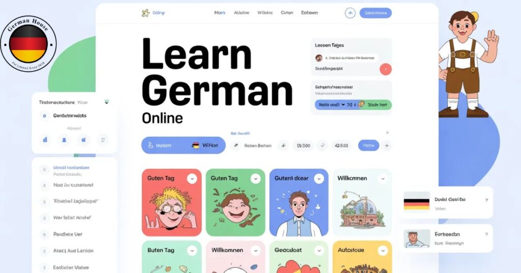 A desk with Learn German Online vocabulary flashcards and a notebook for studying.