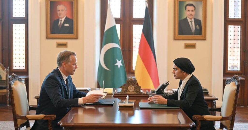 Pakistani passport and Germany visa documents placed together on a table.