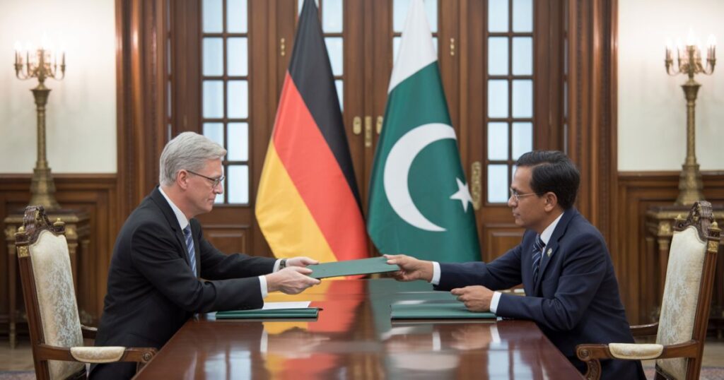 Consulate officer reviewing Germany visa application submitted in Pakistan.