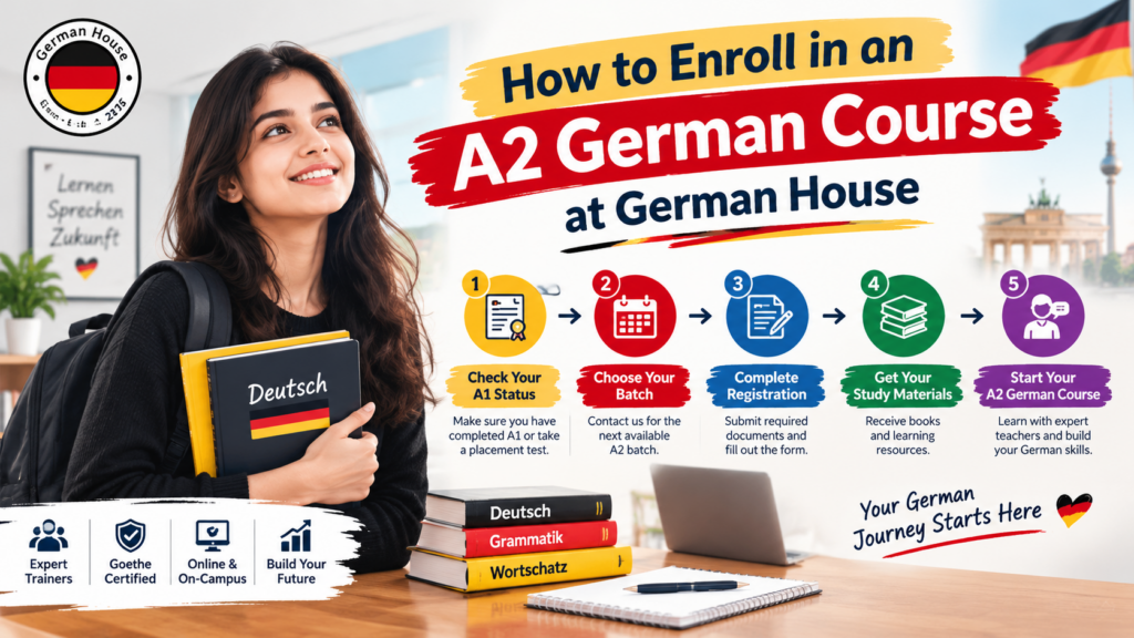 Infographic explaining the 5-step enrollment process for the A2 German Course at German House, featuring a smiling student holding German language textbooks.