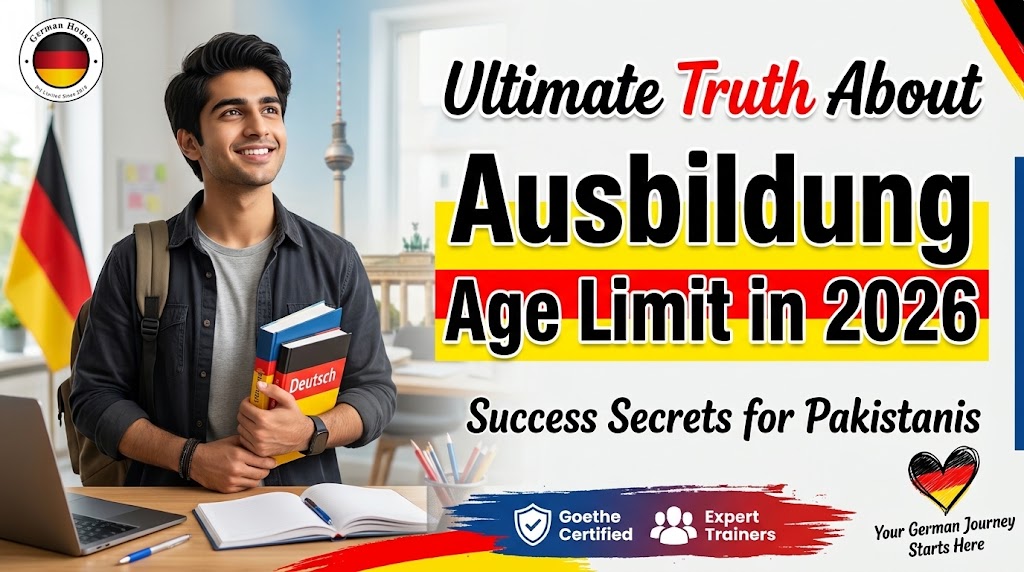 A vibrant educational feature image with the "German House" logo featuring a smiling young Pakistani student, focused on the true Ausbildung Age Limit in 2026.