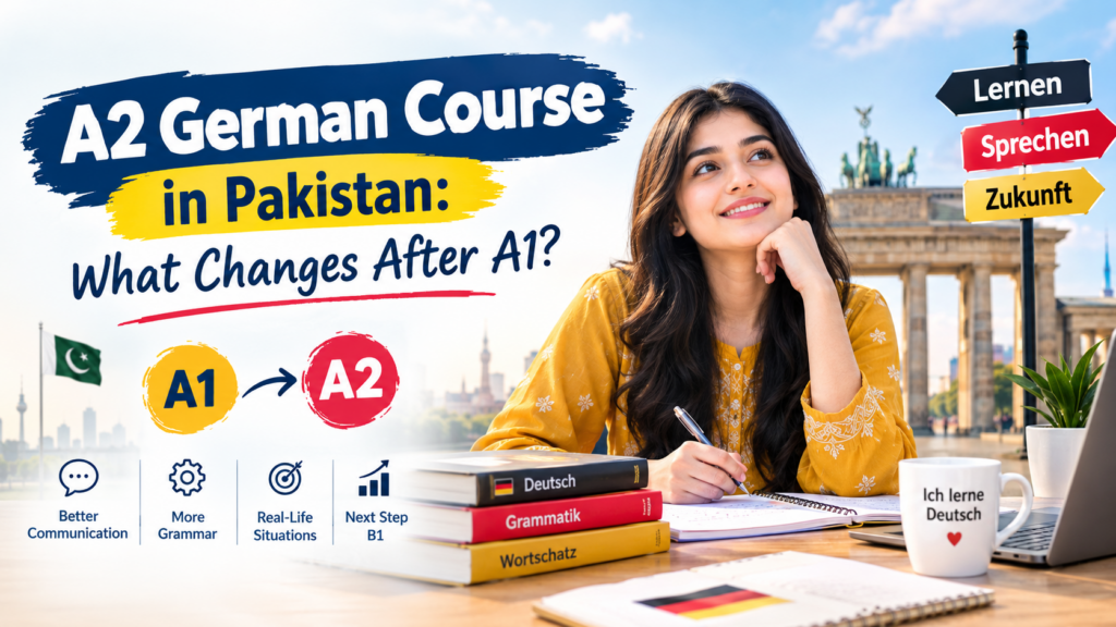 A2 German Course in Pakistan showing a student learning German, A1 to A2 progress, grammar books, and German language study materials.