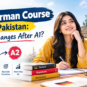 A2 German Course in Pakistan showing a student learning German, A1 to A2 progress, grammar books, and German language study materials.