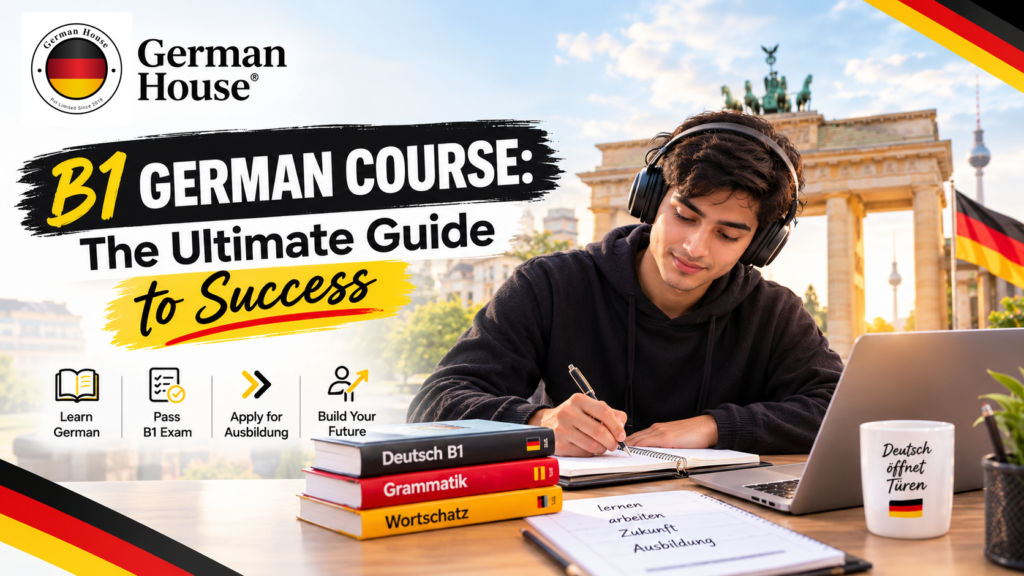 B1 German course guide with a student studying German for exam success