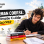 B1 German course guide with a student studying German for exam success