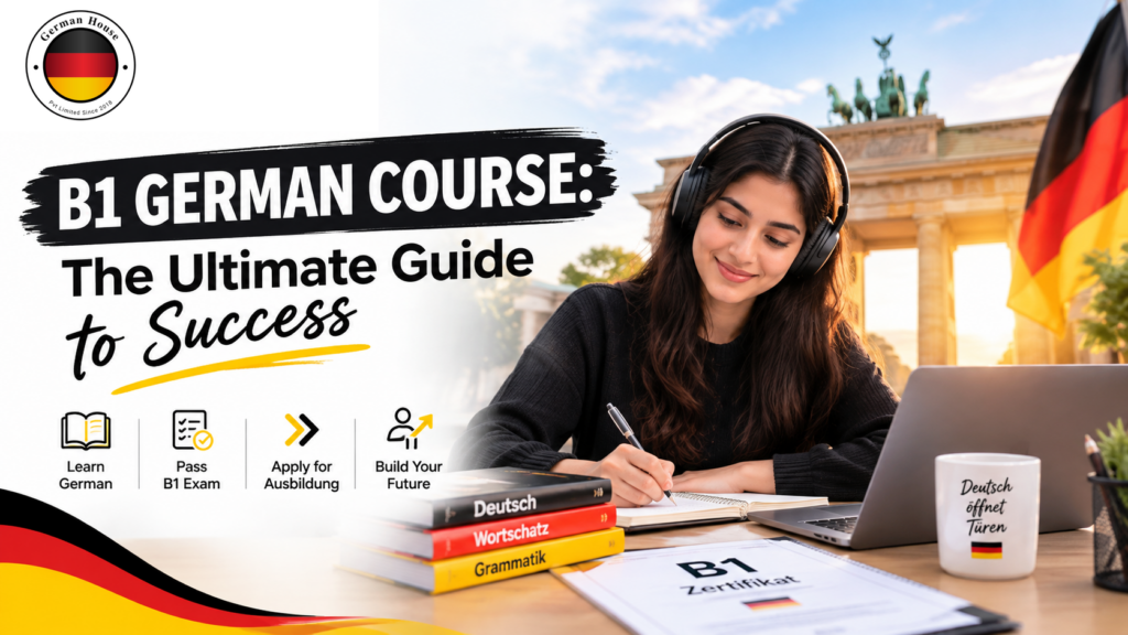 B1 German course guide with a student studying German for exam success