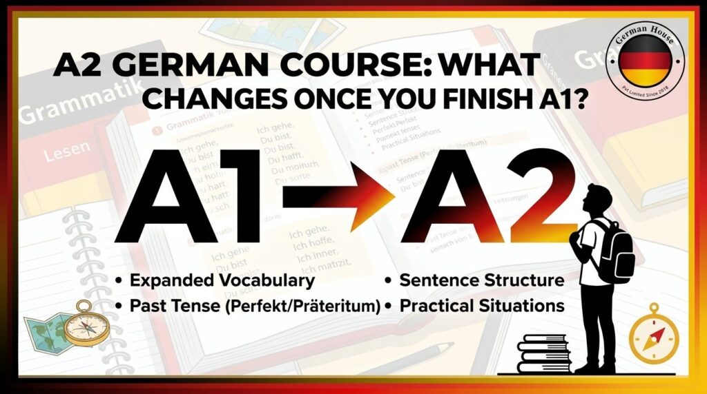 A2 German Course showing the transition from A1 to A2 German, with expanded vocabulary, past tense, sentence structure, and practical communication skills.