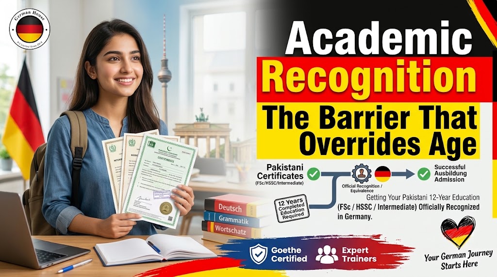 Infographic on academic recognition for German vocational training, featuring a student holding verified Pakistani certificates alongside an official equivalence approval flowchart.